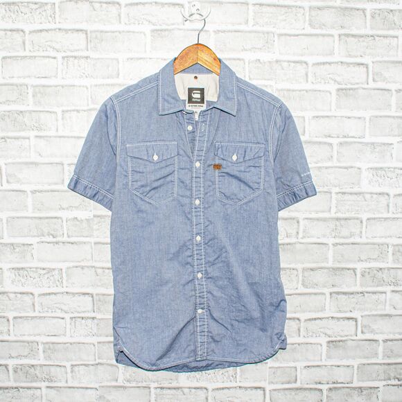 G Star RAW Short Sleeve Button up Shirt Blue Chambray 2 Pocket Men's Sz Medium - Picture 1 of 6